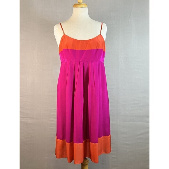 Shoshanna Short Dress 8 Hot Pink Orange Silk Color‎ Block Empire Waist - Picture 1 of 11